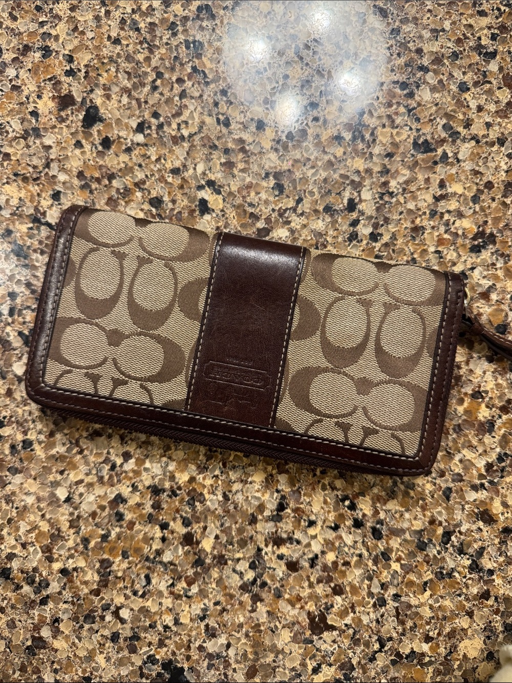 Coach Brown Signature Canvas Zip Wallet with Dark Leather Trim